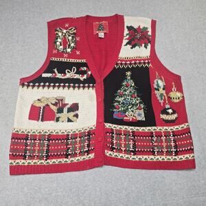 Vintage The Avenue Christmas 1996 Red Beaded Christmas Knit Sweater Vest 3X